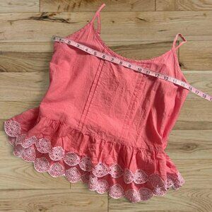 frenchi vintage cami tank top - coral pink with white eyelet lace trim